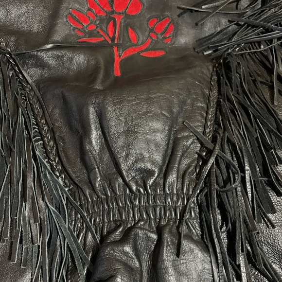 EXTREMELY HEAVY BULL SKIN Black Leather Jacket with Red Suede Roses as Accents - Picture 5 of 16